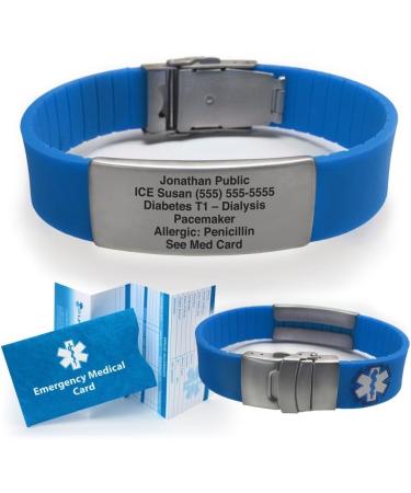 Sport Medical Alert Bracelet - Blue. Pre-engraved "DIABETES TYPE 1 INSULIN PUMP". Save 30% - Close Out Pricing! - Buy Online on SooperMarket.com