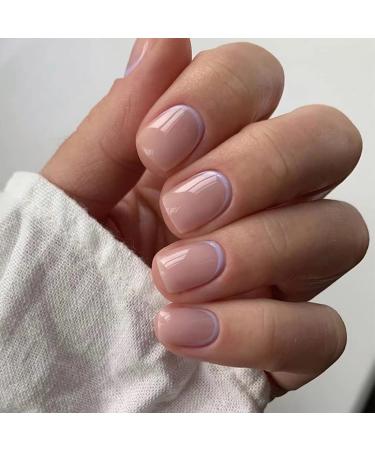 24PCS Glossy Square Press on Nails Light Purple Edge Short False Nails Full Cover Artificial Nails Tips for Women and Girls 15