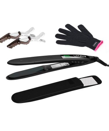 LOVANI Titanium Flat Iron 450F High Heat Hair Straightener with Digital LCD Dual Voltage Auto Shut Off Heat Resistant Bag Glove and 2 Hair Clips (7 Piece Set) Black