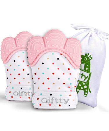 Baby Teething Mittens Self-Soothing Pain Relief Mitt  Stimulating Teether Toy  Prevent Scratches Protection Glove with Travel Bag  Stay on Baby's Hand  Unisex for 3 12 Months Baby (2 Mittens - Pink) Pink (1 Pair)