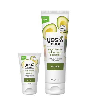 Yes To Avocado Fragrance Free Daily Cream Cleanser Bundle Hydrating Face Wash With Hyaluronic Acid & Glycerin Natural Vegan & Cruelty Free 1 Full 4 Fl Oz & 1 Travel 1 Fl Oz 2 Piece Assortment