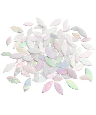 KALUCION 120 Pcs Iridescent White Petal Mosaic Tiles  Hand Cut Stained Glass Petals  Floral Mosaic Tiles  Tiffany Glass Flower Petals Supplies Kit for Mosaics and Crafts  Mixed Sizes Magic Iridescent-White
