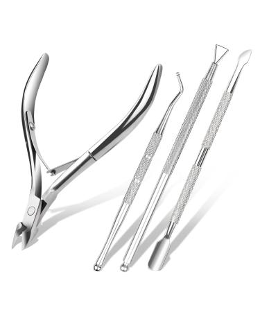ACWOO Cuticle Nippers 4 in 1 Cuticle Remover Scissors Cutters with Cuticle Pusher Manicure Tools Heavy Duty Stainless Steel Cuticle Clippers Nail Toenail Clippers for Repair Damaged Nails (Silver)