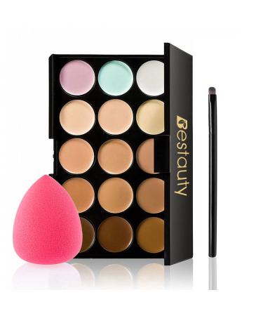 Color Correcting Concealer Palette  Bestauty 15 Colors Multi-Use Concealer Highlighting Makeup Kit with Sponge Puff Oval & Makeup Brush 15 Colors cream concealer