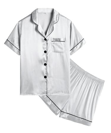 SWOMOG Kids Silk Pyjamas Girls Boys Short Sleeve Satin PJs Sets Button-Down Silky Nightwear Children Sleepwear Teens Age 4-16 6-7 Years Gray