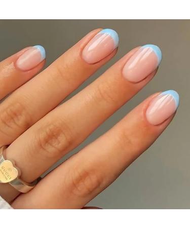MISUD Press on Nails Short Oval Fake Nails Glossy Glue on Nails Blue French Tip Acrylic Nails Round Artificial Nails Simple Summer False Nails with Design 24 pcs 027A09Blue
