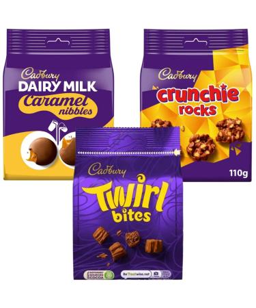 Chocolate Treat Bag Bundle with Dairy Milk Caramel Nibbles Chocolate Bag 120g With Crunchie Rocks Chocolate Bag 110g & Twirl Bites Chocolate Bag 109g (3 Pack)