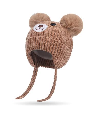 Cute Bear Kids Winter Hat with Ear Flaps 1-5 Years Dual Pom-Pom Chenille Knitted Warm Hat for Baby Girls Boys Fleece Lined Warm Earflap Cap with Strap Toddler Cold Weather Furry Warm Beanie Hat Khaki One Size Khaki