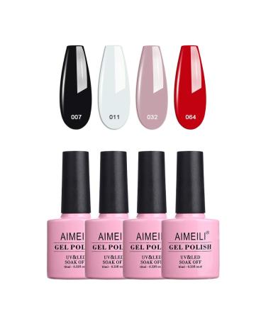 AIMEILI Gel Nail Polish Soak Off U V LED Gel Nail Lacquer, Elegant Classic Nude Black Red White Color Gel Set Of 4pcs X 10ml - Kit Set 19
