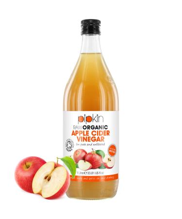 Pipkin 1000ml Raw 100% Organic Apple Cider Vinegar with The Mother Non-GMO Cloudy ACV Pure Cold Pressed Unrefined Unfiltered Unpasteurized 5% Acidity Vegan & Vegetarian Friendly (Glass Bottle)
