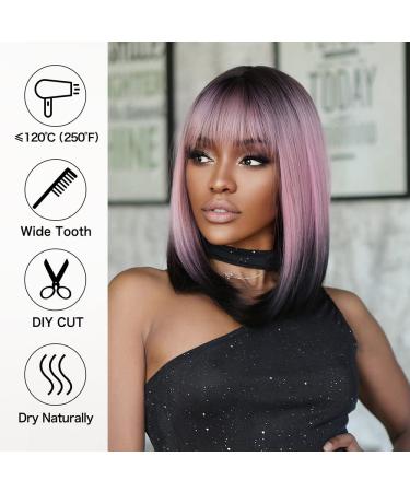 Allbell Black Pink Ombre Bob Wigs for Women | Short Straight Wigs with Bangs | Natural-Looking Hair Replacement for Cosplay & Parties - Buy Online on SooperMarket.com