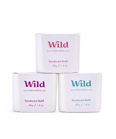 Wild - Natural Refillable Deodorant - Aluminium Free - Refill Variety Pack Includes Fresh Cotton & Sea Salt Jasmine & Mandarin and Coconut & Vanilla Scents - Long Lasting Protection Variety Pack 40 g (Pack of 3)