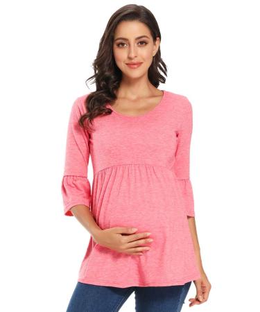 Love2Mi Women Maternity Blouse A Line Pregnancy Shirt 3/4 Bell-Sleeve Striped Maternity Clothes S Pink