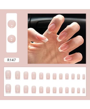24PCS Glossy French Tip Press-On Acrylic Nails Set - Nude Pink Short Coffin Style with Glue | Full Cover Stick-On False Nails for Women and Girls - Buy Online on SooperMarket.com