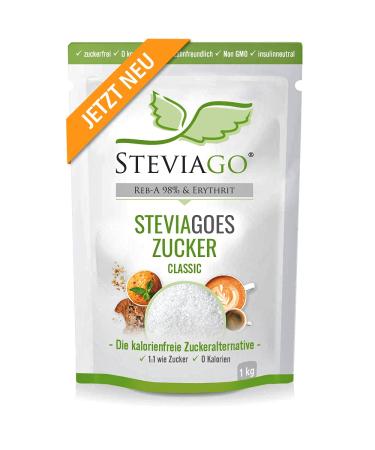 Steviagoes Sugar (Classic) - The 1: 1 sugar substitute made of erythritous+stevia (98% Reb -A) 0 calories vegan suitable for keto diet and low carb diet 1kg bag 1 kg (1 Pack)
