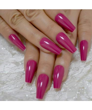 Dark Rose Pink Coffin False Nail Tips - 24pcs Glossy Acrylic Press On UV Fake Nails | Salon-Quality Full Cover with Glue Sticker | L5578 - Buy Online on SooperMarket.com