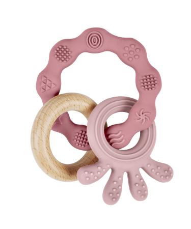 Vicloon Teething Toys for Baby Silicone and Wood Teether Baby Teether Toys Teether Chew Toy Easy to Hold and Clean Up Octopus Teething Toy Silicone chewlery for Boys&Girls (Pink)