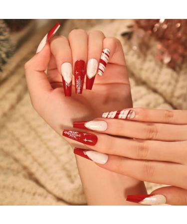 Vatocu Christmas False Nails Long Xmas Press on Nails Snowflakes Glitter Fake Nails Ballerina Acrylic Stick on Nails for Women and Girls(24pcs)
