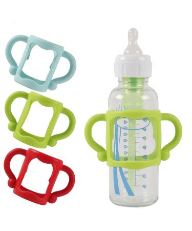(3-Pack) Bottle Handles for Dr Brown Narrow Baby Bottles with Easy Grip Handles to Hold Their Own Bottle - BPA-Free Soft Silicone - Red Green and Blue Blue Green Red Style A