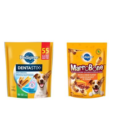 PEDIGREE DENTASTIX Dog Treats for Small Dogs (Original 55 Sticks) + PEDIGREE MARROBONE Dog Treats (Bacon & Cheese 680g)
