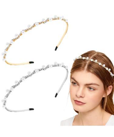 Aswewamt 2 Pcs Pearl Rhinestone Headbands Alloy Bridal Hair Hoop Decorative Headpiece Wedding Hair Accessories Ornaments for Elegant Women Girls