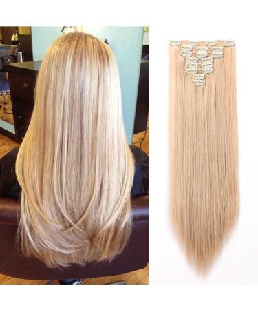 Silk-co Hairpiece Extensions Clip in Hair Extension Long Straight 8 Pcs Full Head 18 Clips Synthetic Heat Resistant 23" Dark Blond&Bleach Blond 23 Inch Straight #Dark Blond&Bleach Blond