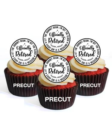 PRECUT Retirement Edible Cupcake Toppers - Officially Retired Theme Premium Thickness SWEETENED VANILLA - wafer card disc cake decorations (Pack of 24)