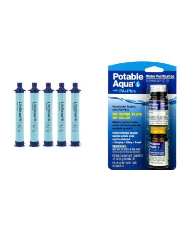 LifeStraw Personal Water Filter for Hiking Camping Travel and Survival Blue 5 Pack Carry Case + Tablets - Two 50 count