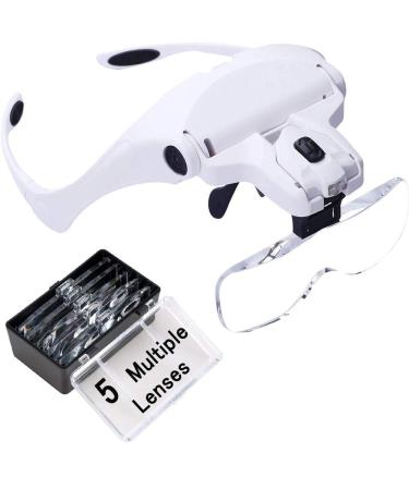 Headband Magnifier Glasses - 5 Replaceable Lenses 1.0X 1.5X 2.0X 2.5X 3.5X - magnifying glass with light Hands Free Head Worn Lighted Magnifying Glasses for Reading Jewelry Loupe Watch & Electronic Repair