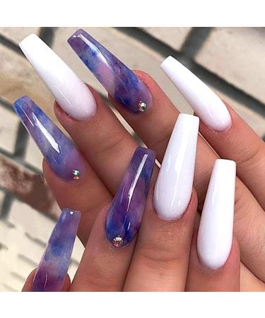 Brishow artificial nails long press on nails purple white hair coloring ballerina acrylic nails to stick on full cover 24pcs for women and girls