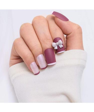Sethexy Purple Sparkle Bowknot False Nails - 24 Pcs Acrylic Short Square Nail Art Tips for Women & Girls - Complete Cover - Buy Online on SooperMarket.com