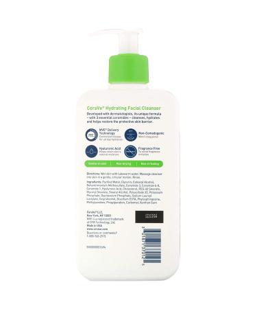 CeraVe Hydrating Facial Cleanser 12 fl oz - Gentle Moisturizing Cleanser for All Skin Types - Buy Online on SooperMarket.com