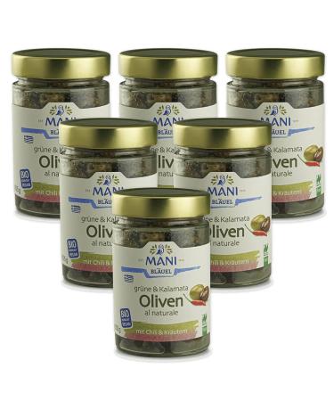Mani Bl uel Organic Green&Kalamata Olives al naturale Chili&Herbs (6 x 205 gr)