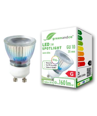 Greenandco CRI 90+ GU10 35mm LED spot 3W 160 LM 50 3000K warm white 230V flicker -free not dimmable 2 years guarantee 3W 3000K 50 35mm 1 piece (1 Pack)