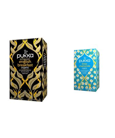 Pukka Herbs | Elegant English Breakfast Organic Tea | Black Tea | Perfect For A Refreshing Uplift | 4 packs | 80 Sachets & Three Chamomile Organic Herbal Tea Total 80 Tea bags 120 g (Pack of 4) Elegant English Breakfast + Three Chamomile