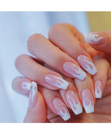 24PCs Press false nails flame coffin square acrylic fake nails fire glue on fingernails for women girls diy manicure salon color pink