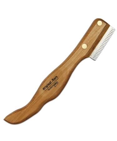Schecker ergonomic underwool top hair trim knife made of hardened and sanded stainless steel with ergonomically shaped handle made of native cherry tree medium tooth