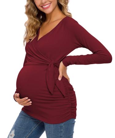 Love2Mi Women Maternity Breastfeeding Tops Long Sleeve V-Neck Cute Maternity Clothes S Wine Red-long