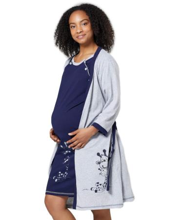 HAPPY MAMA Women's Maternity Nursing Nightdress Robe Set Giraffe Print 1165 14-16 Grey & Navy