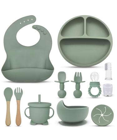 EZIO'S Baby Weaning Set 13 Pieces Silicon Feeding Set - Suction Baby Plate with Round Fruit Feeder with Straw Baby Bowls for weaning Food Plate Kit with Lid Cup Bib Folk Spoon (Dark Green) Army Green