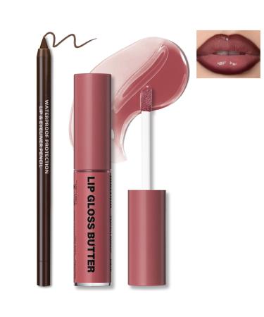 Butter Gloss Moisturizing High Shine Fresh Lightweight Glossy Lip Combo Plumping Lip Gloss for Women Long Wear Lip Glow Oil with Brown Lip Liner Set Non-Sticky Liquid Lipstick Makeup#12 0.27 Fl Oz (Pack of 2) purple
