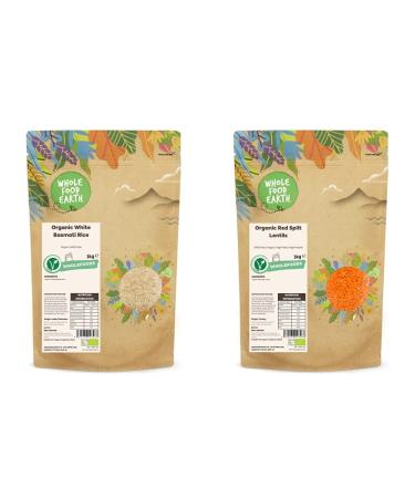 Wholefood Earth Organic White Basmati Rice 3kg Vegan | GMO Free | Certified Organic & Organic Red Split Lentils 3kg GMO Free | Vegan | High Fibre | High Protein | Certified Organic