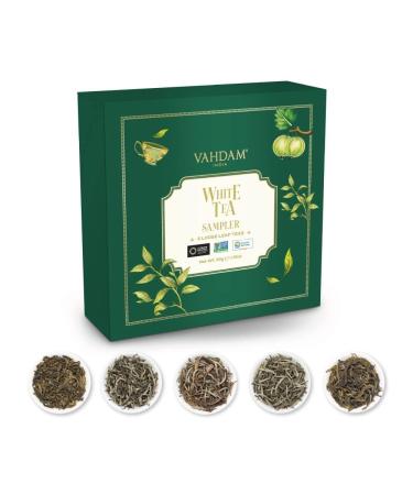 VAHDAM Assorted White Tea Sampler Gift Set (5 Assorted Flavors) Christmas Tea Gift Set White Tea Loose Leaf Sampler | Christmas Gifts 2023 Ideas | Gifts For Women & Men White Tea Sampler - 5 Teas