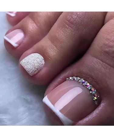 Press on Toenails Square Short Full Cover Fake Toenails 24PCS French Sparkling Rhinestone Toe Nails Fake Nails with Glue Sticker and Nails File False Gel Toes Nails Tips Sets for women Teens Girls