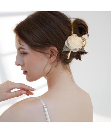 Fuyunohi 2 Pack Large Flower Claw Metal Barrettes | White+Champagne Mesh Rose Hair Clips for Women | Stylish Hair Accessories for Thick Hair - Buy Online on SooperMarket.com