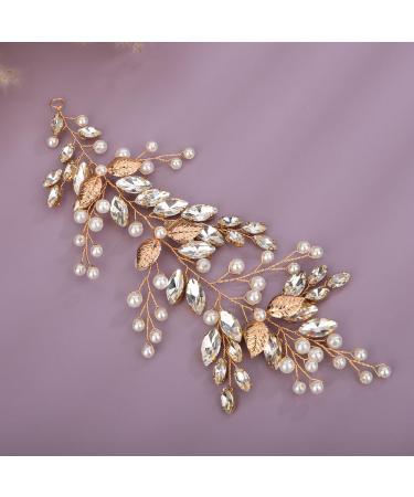 Deniferymakeup Rhinestone Bridal Hair Vine Pearl Wedding Headband Rhinestone Bride Headpiece Leaf Hair Accessories for Women and Girls (Gold)