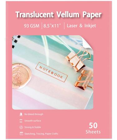 Translucent Vellum Paper 8.5x11 Inches, 50 Sheets Printable Transparent 93GSM/63LBS Vellum Paper for Printing Sketching Tracing Drawing