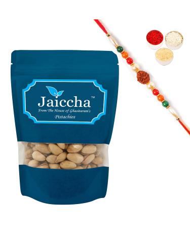 Jaiccha Ghasitaram Rakhi Gifts for Brothers Rakhi Dryfruits - Afgani Pistachios 200 GMS in White Paper Pouch with Rudraksh Rakhi