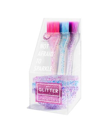 Colortrak 3 Pack Mini Glitter Trio Brush & Bowl Set, Small Brushes with Colorful Feather Bristles, Stackable Color Bowls with Non-Slip Rubber Rings, Easy Handling, Set of 3 Brushes and 3 Bowls