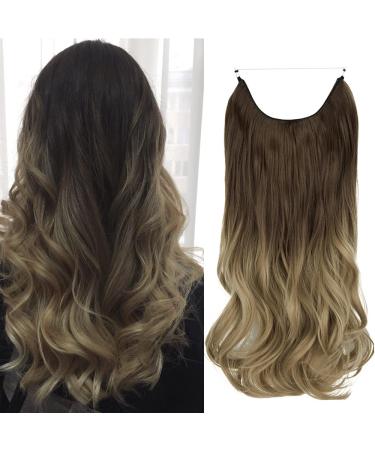 OMGREAET Brown Ombre Hair Extensions Halo Light Brown to Light Blonde Wavy Curly Synthetic Hair Piece Invisible Wire Long 20 Inch 4.4 Oz for Women Heat Friendly Fiber No Clip 20Inch&Curly Light Brown To Light Blonde
